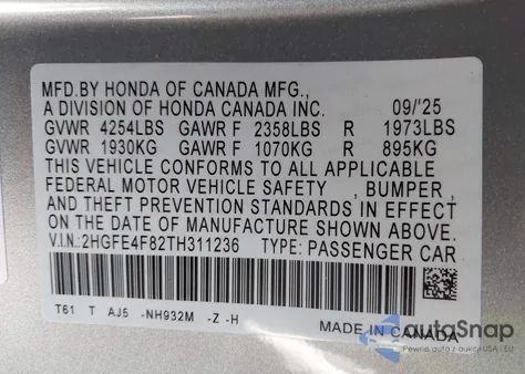 2026 Honda Civic Hybrid Sport/Sport Touring z USA, uszkodzony, nr VIN 2HGFE4F82TH311236